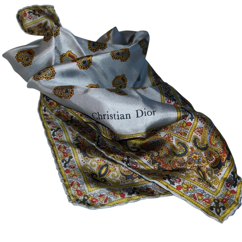 Christian Dior 100% Silk paisley blue gold hand rolled sewn 19